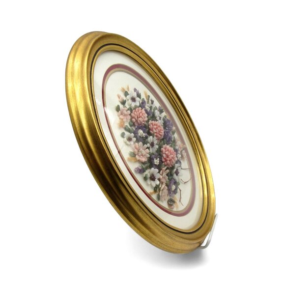 GEMSTONE BOUQUET Artwork Gold Oval Convex Frame 3D Floral 16 Inches Vintage - Picture 7 of 12